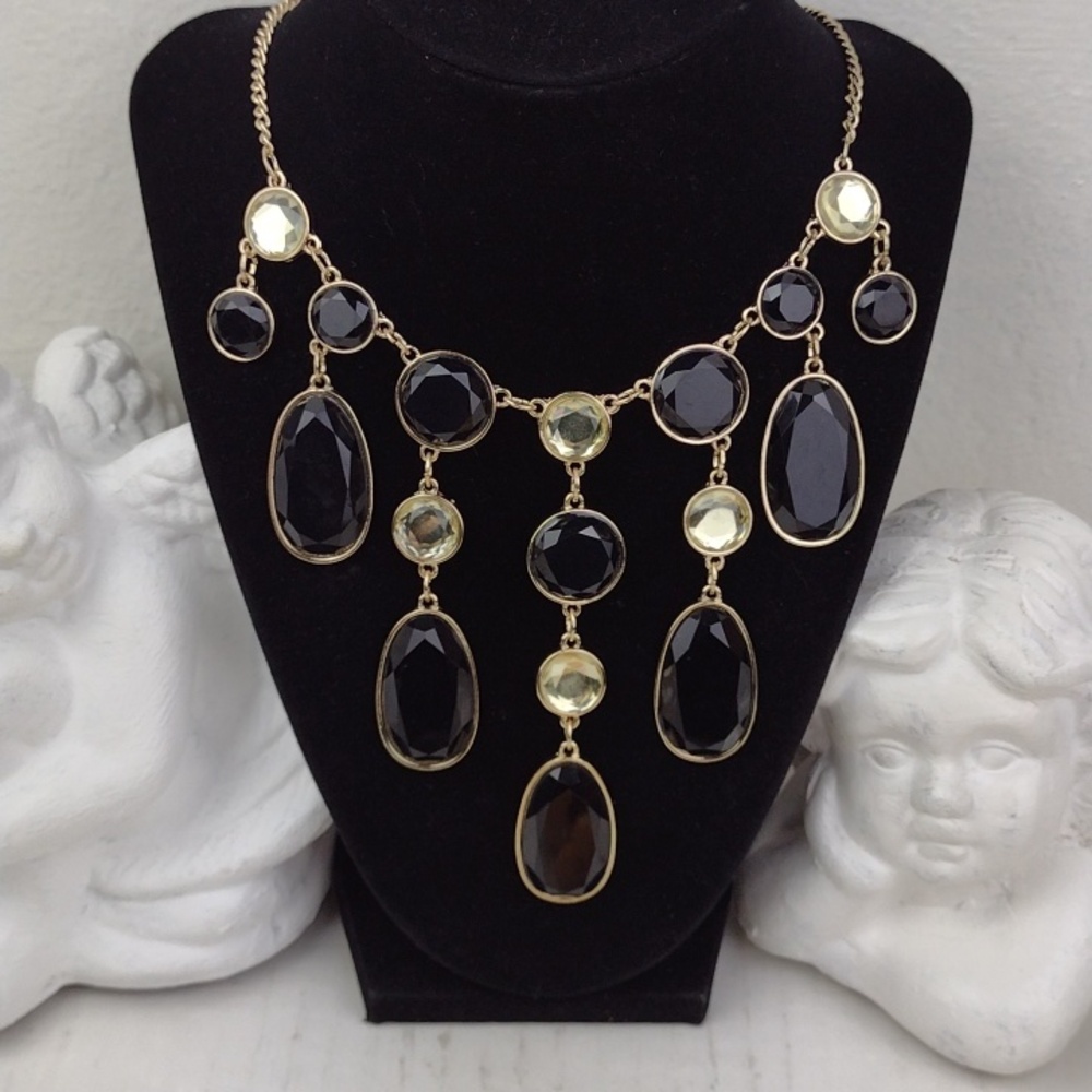 Stunning Black & Crystal Gold Chain Statement Necklace